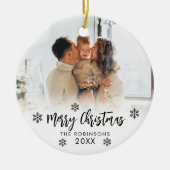 Familiefoto Vrolijk Kerstscript Sneeuwvlokken Keramisch Ornament (Voorkant)