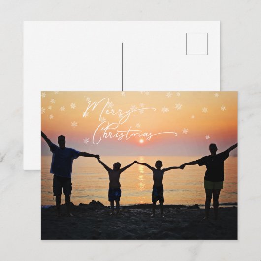 Familiefoto Wit Vrolijk Kerstlettertype Snowflake Briefkaart (Voorkant / Achterkant)