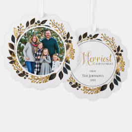 Familiefoto Zwarte Gouden Krans Gelukkig Kerstfees Ornament Kaart