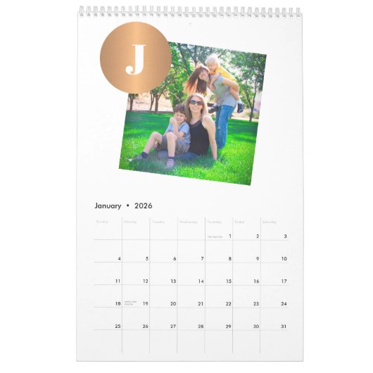 Familiefotocollage 2026 monogrammed sinaasappel kalender (Jan 2026)
