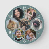 Familiefotocollage 7 Aangepaste Teal Zeshoekige Bl Ronde Klok (Voorkant)