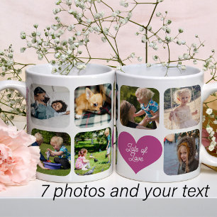 Familiefotocollage 7 foto's aangepaste naam tekst koffiemok