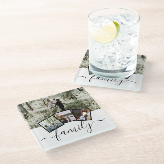 Familiefotocollage Aangepaste gepersonaliseerde gi Glazen Onderzetter (Schuin)