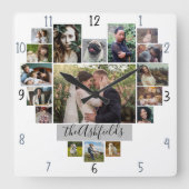 Familiefotocollage Hart 17 foto's Naam Wit Vierkante Klok (Voorkant)