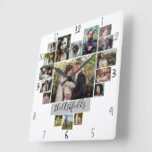 Familiefotocollage Hart 17 foto's Naam Wit Vierkante Klok (Hoek)