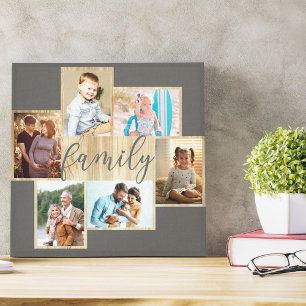 Familiefotocollage houtnerf lijst warmgrijs canvas afdruk