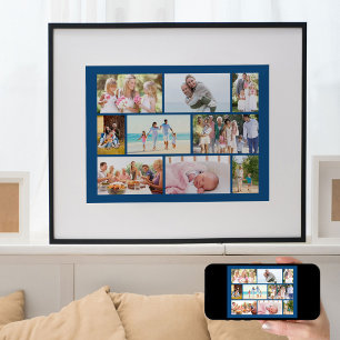 Familiefotocollage in metselwerkstijl blauw poster