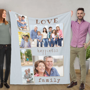 Familiefotocollage Liefde en Geluk Citaat Blauw Fleece Deken