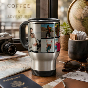 Familiefotocollage met 6 foto's en aangepaste teks reisbeker
