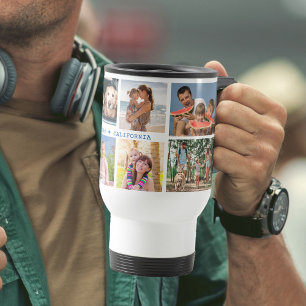 Familiefotocollage met 8 foto's en aangepaste teks reisbeker