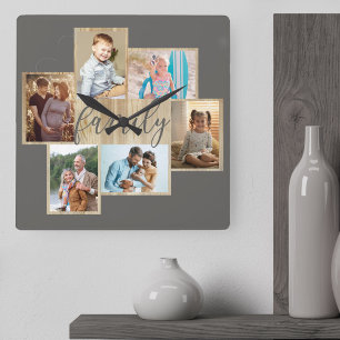 Familiefotocollage met houtnerf rand warme grijze vierkante klok