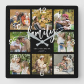 Familiefotocollage modern script zwart vierkante klok (Voorkant)