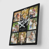 Familiefotocollage modern script zwart vierkante klok (Hoek)