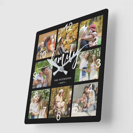Familiefotocollage modern script zwart vierkante klok (Hoek)