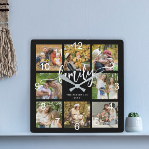 Familiefotocollage moderne script zwart vierkante klok