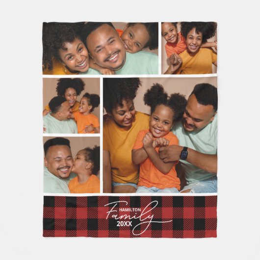 Familiefotocollage Rode Buffalo Plaid Fleece Deken (Voorkant)