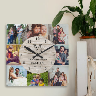 Familiefotocollage Rustieke Boerderij Monogram Vierkante Klok