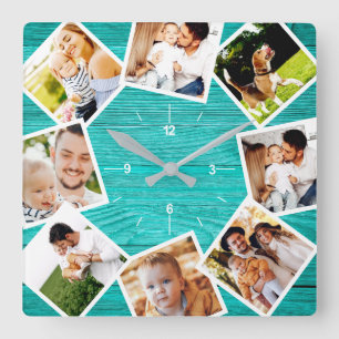 Familiefotocollage Rustieke Chic Boerderij Teal Vierkante Klok