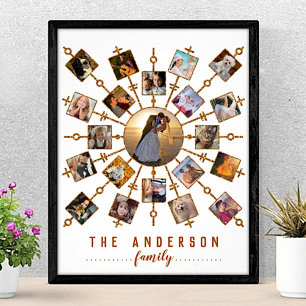 Familiefotocollage Wit Goud + Naam 21 Foto's Poster