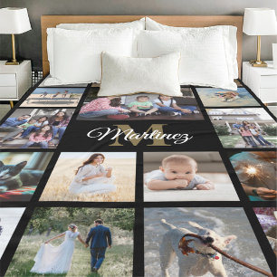 Familiefotocollage Zwart Goud Wit Monogram Fleece Deken