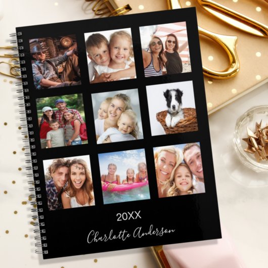 Familiefotocollage zwarte monogram 2027 planner