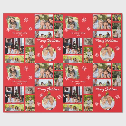 Familiefoto's Vrolijk kerstfeest gepersonaliseerd Cadeaupapier (Vlak)