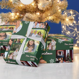 Familiefoto's Vrolijk kerstgroen gepersonaliseerd Cadeaupapier