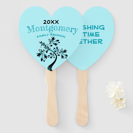 Familiehereniging Moderne Aquamarine Floral Tree Handwaaier (Voorkant en achterkant)