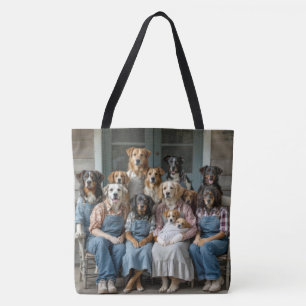 Familiehereniging van honden op de veranda van een tote bag