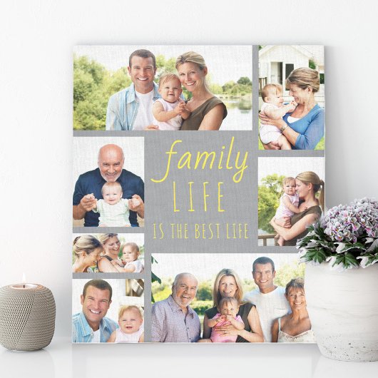 Familieleven Citaat 7 Foto Collage Gray en Geel Canvas Afdruk