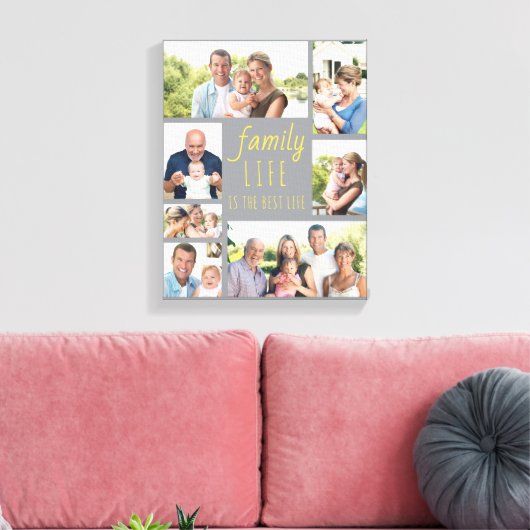 Familieleven Citaat 7 Foto Collage Gray en Geel Canvas Afdruk (Insitu (Woonkamer))