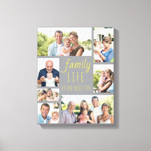Familieleven Citaat 7 Foto Collage Gray en Geel Canvas Afdruk (Voorkant)