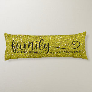 Familieliefde eindigt nooit Citaat Gold Glitter Bl Lichaamskussen