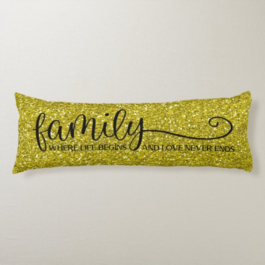 Familieliefde eindigt nooit Citaat Gold Glitter Bl Lichaamskussen (Voorkant)