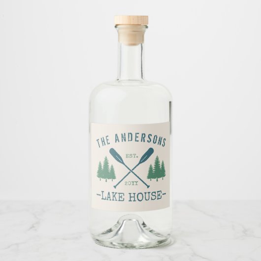 Familiemeer Rustic Oars Pine Trees Labels Likeurfles Etiket (Voorkant)