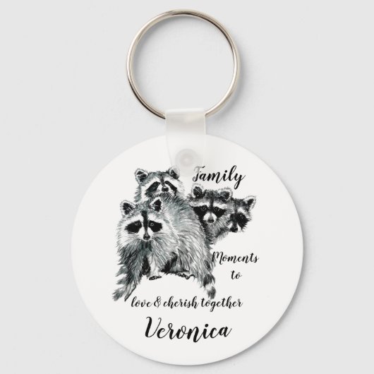 Familiemomenten Citaat Cute Raccoons Aangepaste na Sleutelhanger (Voorkant)