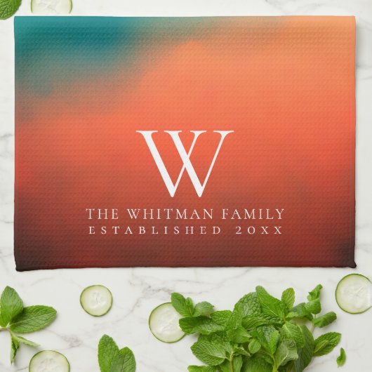 Familiemonogram Abstract Kunst Blauwgroen Oranje K Theedoek (Gevouwen)