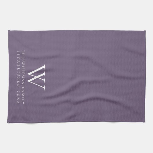 Familiemonogram Elegant Paars Kitchen Theedoek (Horizontaal)