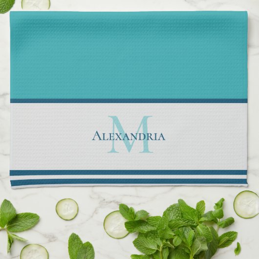 Familiemonogram modern blauwgroen blauw theedoek (Gevouwen)