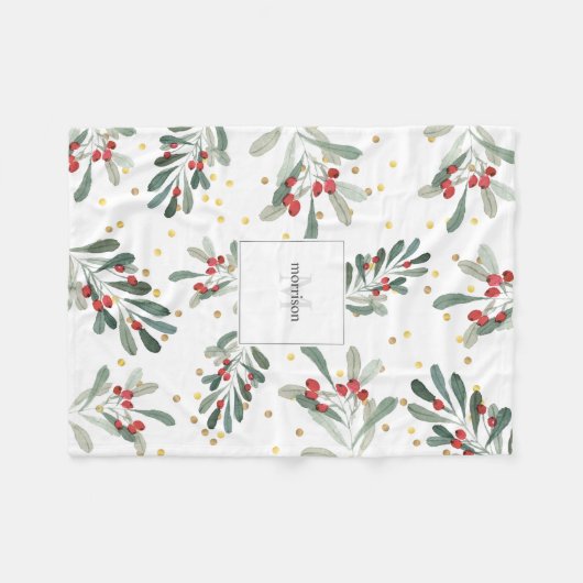 Familiemonogram Modern Chic Winter White Botanical Fleece Deken (Voorkant (Horizontaal))