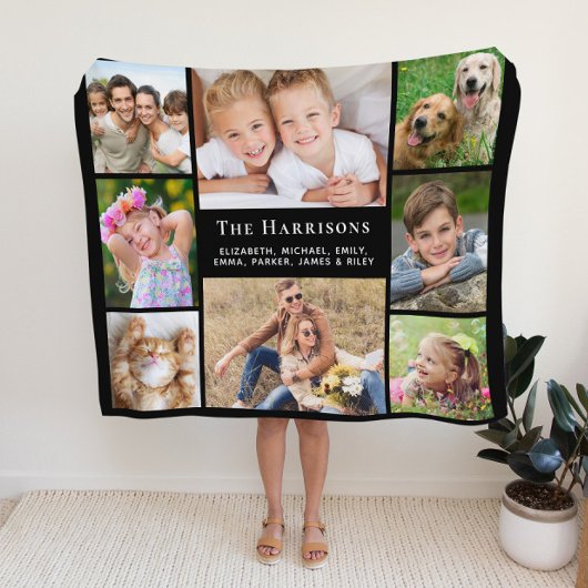 Familiemonogram Naam 8 Foto Collage Black Fleece Deken