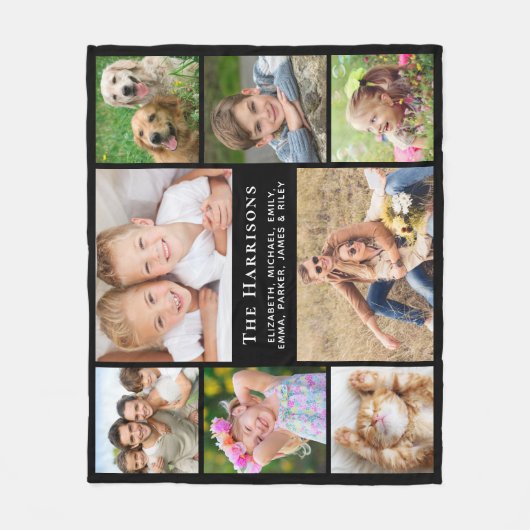 Familiemonogram Naam 8 Foto Collage Black Fleece Deken (Voorkant)