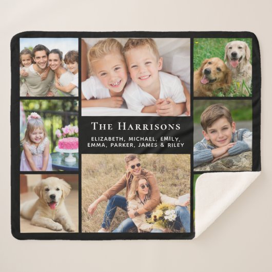 Familiemonogram Naam 8 Foto Collage Black Sherpa Deken (Voorkant (horizontaal))