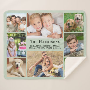 Familiemonogram Naam 8 Foto Collage Sage Green Sherpa Deken