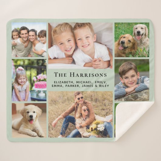 Familiemonogram Naam 8 Foto Collage Sage Green Sherpa Deken (Voorkant (horizontaal))
