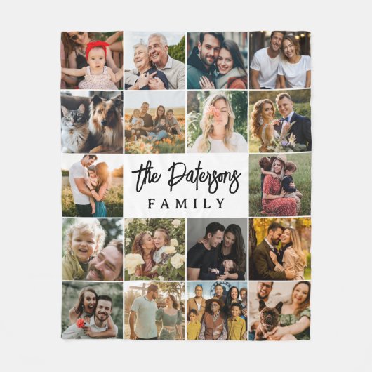 Familienaam 18 Fotocollage Modern Elegant Script Fleece Deken (Voorkant)