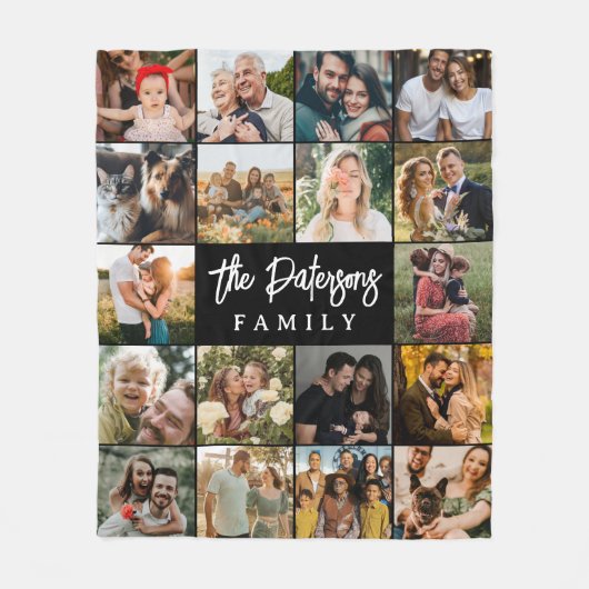 Familienaam 18 Fotocollage Modern Elegant Zwart Fleece Deken (Voorkant)