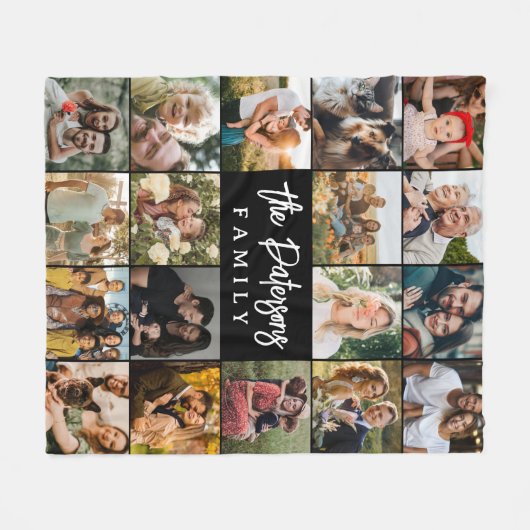 Familienaam 18 Fotocollage Modern Elegant Zwart Fleece Deken (Voorkant (Horizontaal))