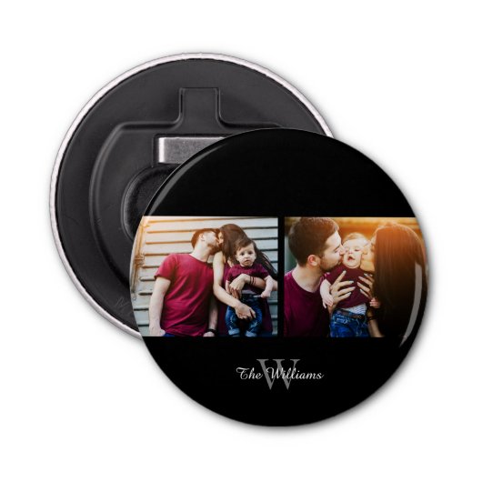 Familienaam 2-Fotocollage Button Flesopener (Voorkant)