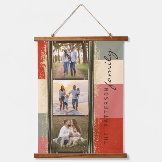 Familienaam 3 Foto Collage Rustic Abstract Hangend Wandkleed (Voorkant)
